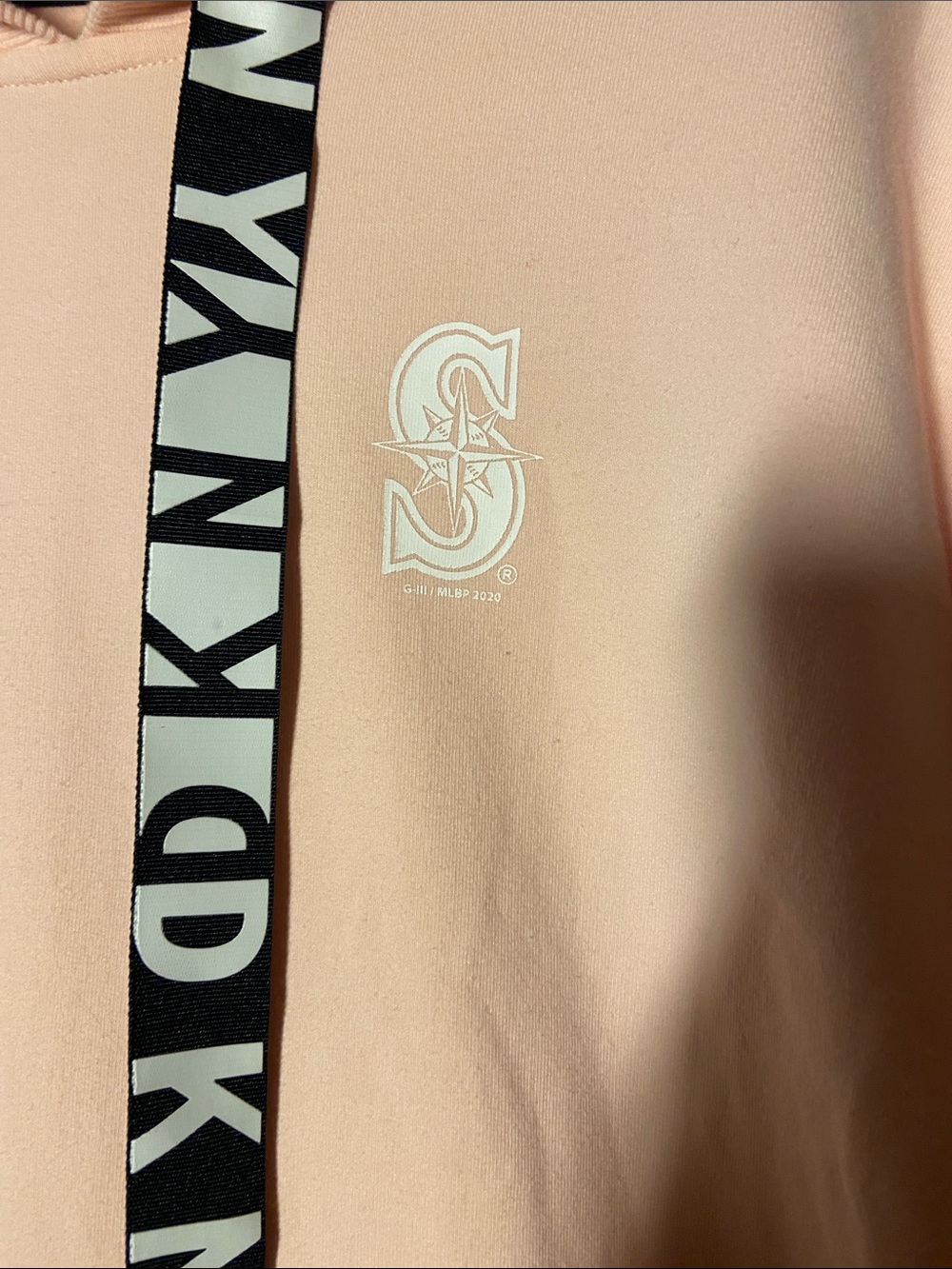 DKNY Peach Short-Sleeve Hooded Tunic with Black Logo Drawstrings. Size L/G/G - Picture 6 of 10